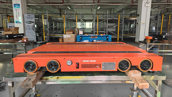 Four-way shuttle vehicle mechanical version in red and orange color